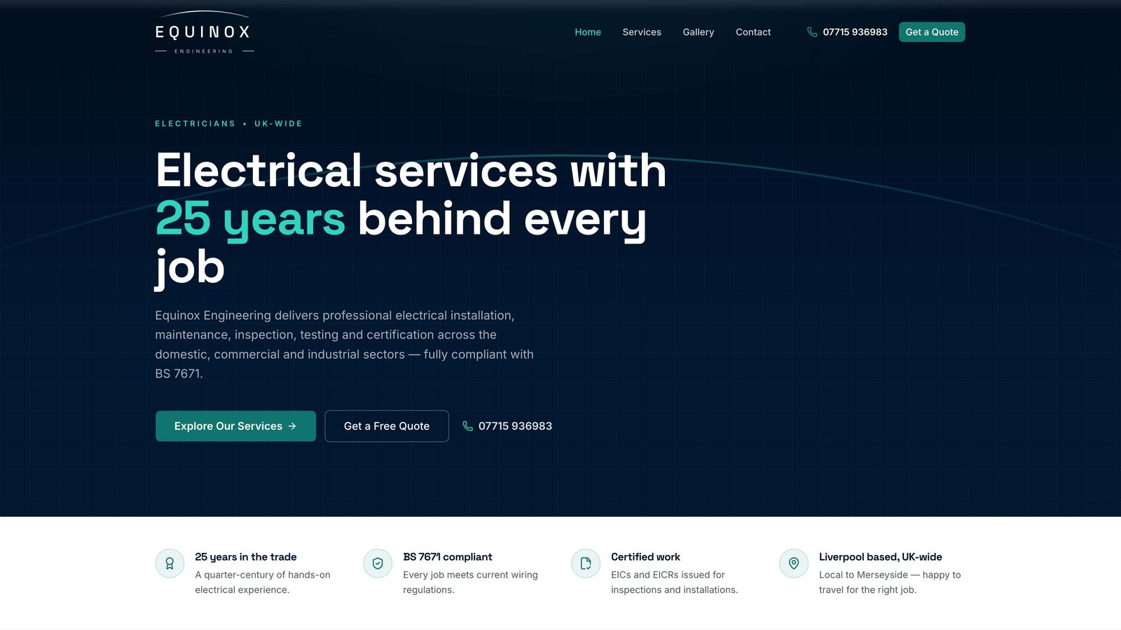 Equinox Engineering homepage hero on a deep navy background with the headline 'Electrical services with 25 years behind every job' and a row of four trust badges underneath