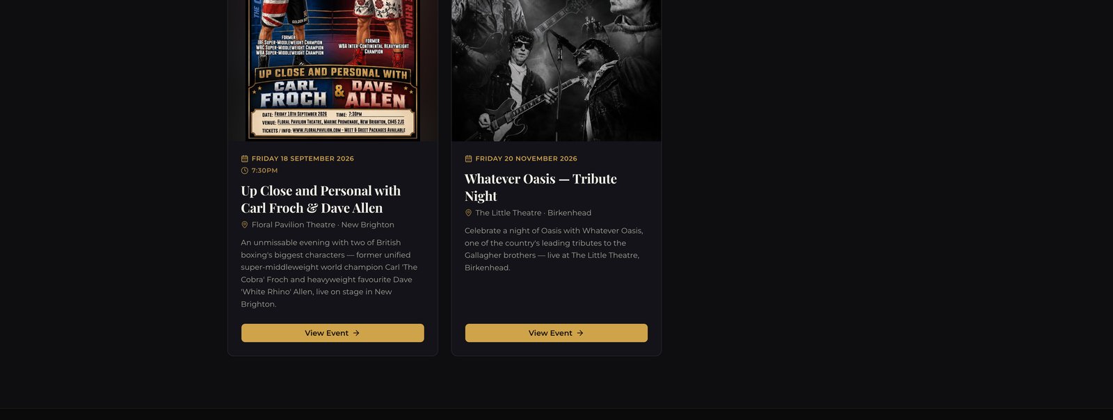The HTC Promotions upcoming events listing built by Heart IT, showing event cards with posters, dates, venues and View Event buttons