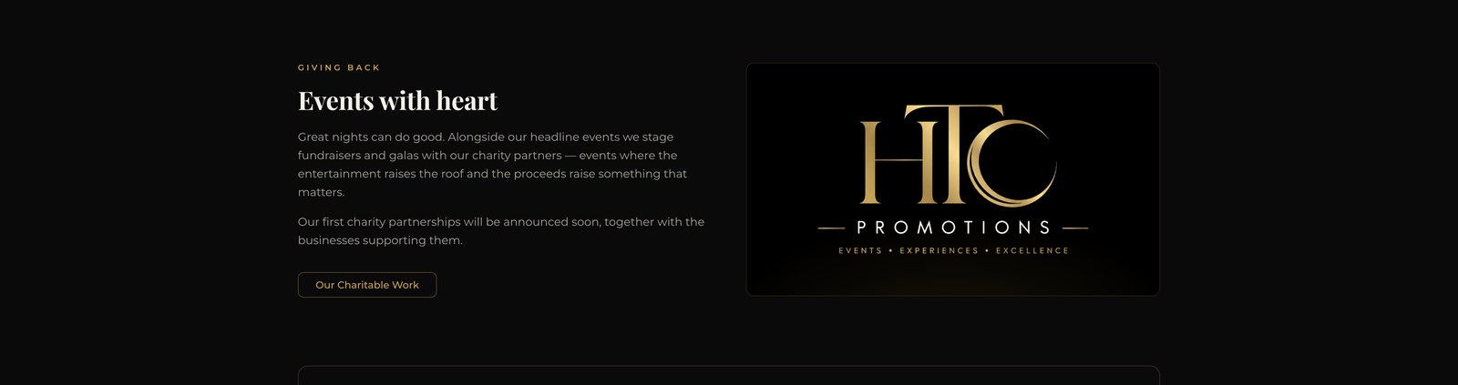 The HTC Promotions gold-on-black logo with the tagline Events, Experiences, Excellence