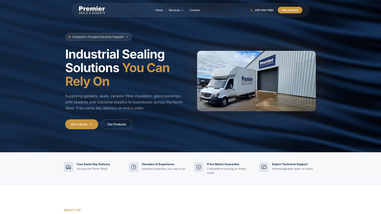 Premier Seals & Gaskets homepage hero showing the company van and the ‘Industrial Sealing Solutions You Can Rely On’ headline